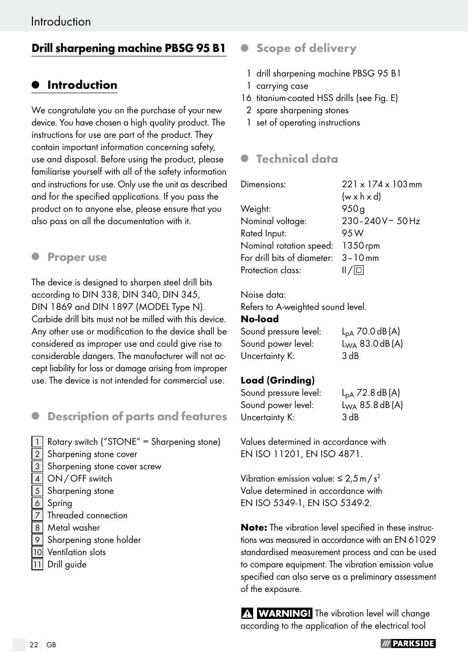 Introduction introduction / general safety advice, Drill sharpening machine pbsg 95 b1, Introduction | Proper use, Description of parts and features, Scope of delivery, Technical data | Parkside PBSG 95 B1 User Manual | Page 22 / 28