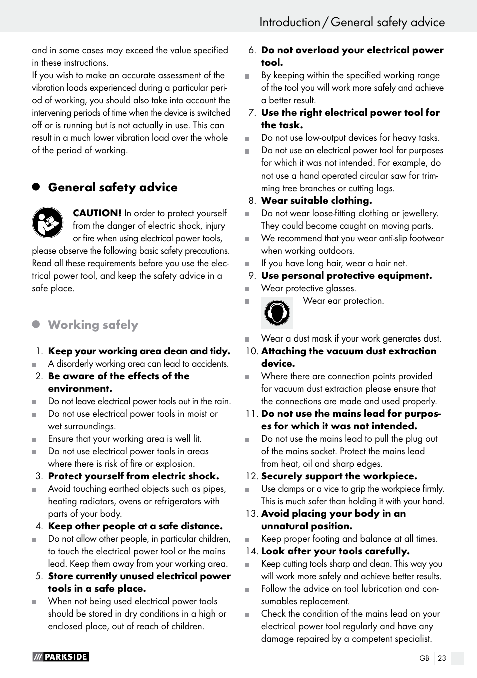 Introduction introduction / general safety advice, General safety advice, Working safely | Parkside PBSG 95 B1 User Manual | Page 23 / 28