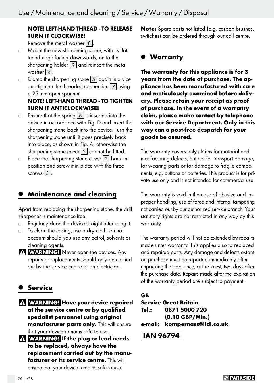 Maintenance and cleaning, Service, Warranty | Parkside PBSG 95 B1 User Manual | Page 26 / 28