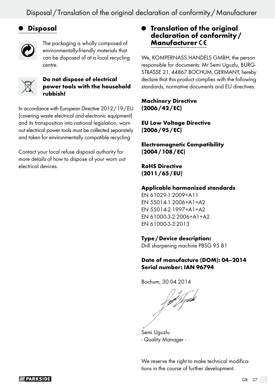 Parkside PBSG 95 B1 User Manual | Page 27 / 28