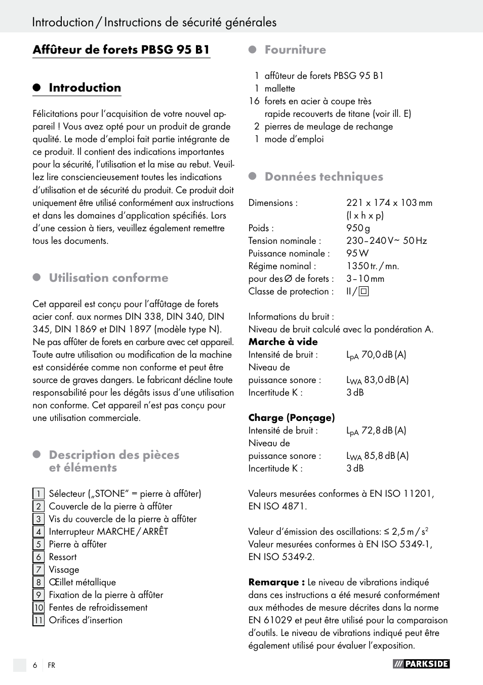 Affûteur de forets pbsg 95 b1, Introduction, Utilisation conforme | Description des pièces et éléments, Fourniture, Données techniques | Parkside PBSG 95 B1 User Manual | Page 6 / 28