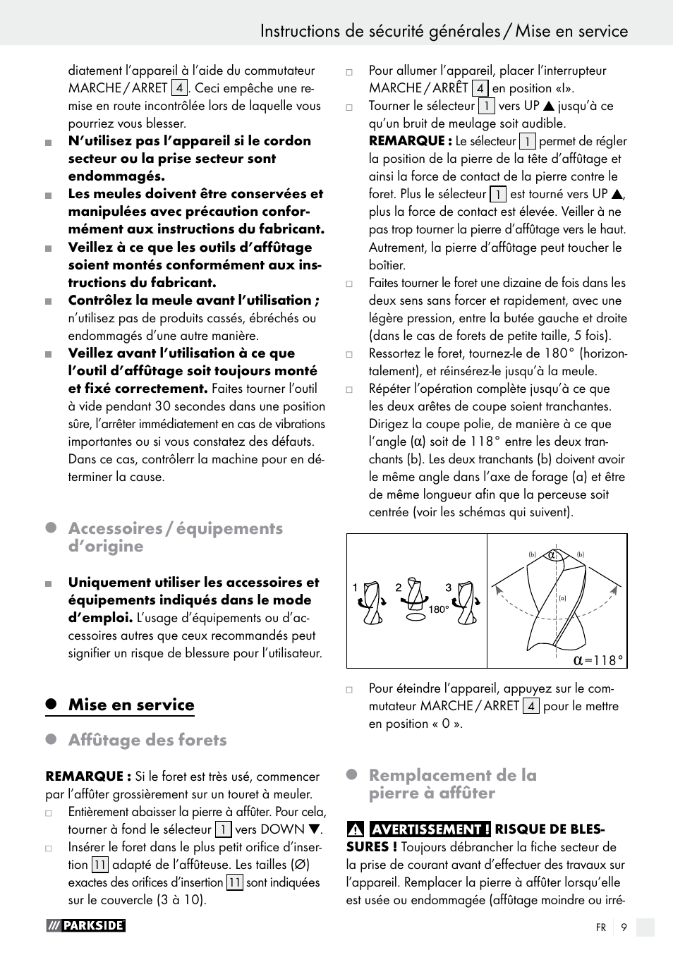 Accessoires / équipements d’origine, Mise en service, Affûtage des forets | Remplacement de la pierre à affûter | Parkside PBSG 95 B1 User Manual | Page 9 / 28