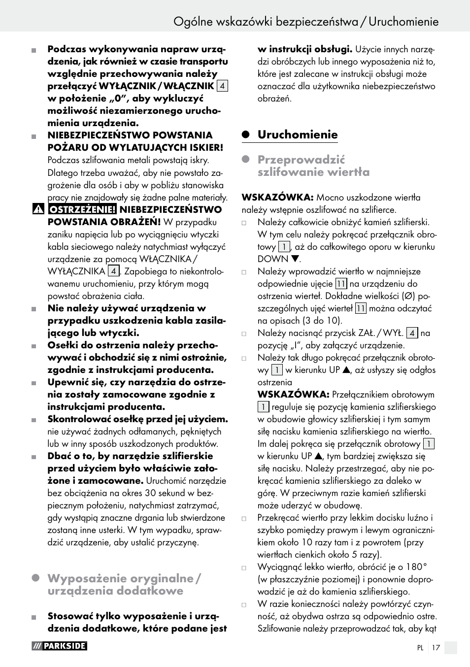 Wyposażenie oryginalne / urządzenia dodatkowe, Uruchomienie, Przeprowadzić szlifowanie wiertła | Parkside PBSG 95 B1 User Manual | Page 17 / 63