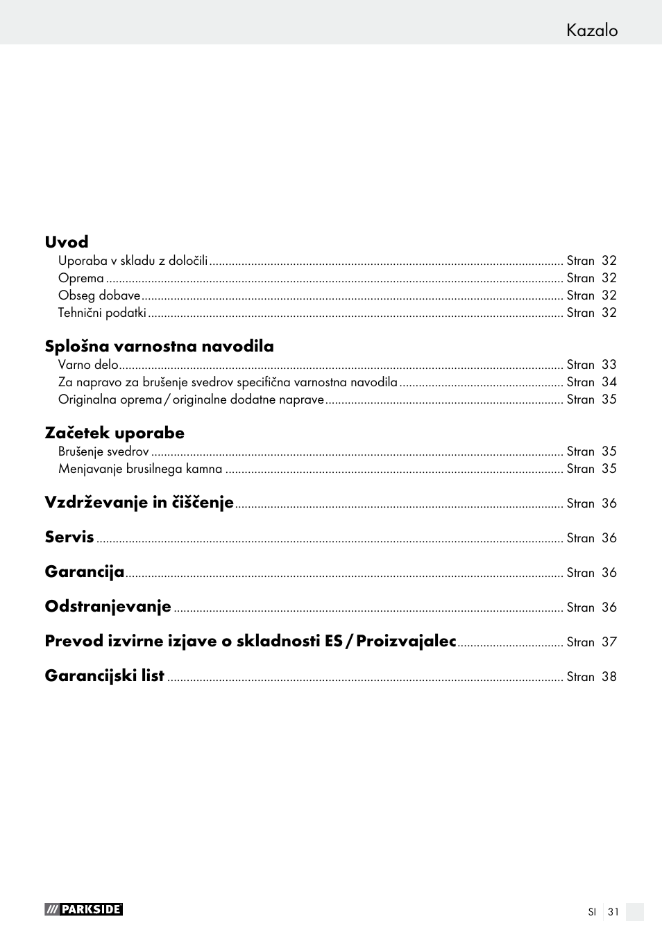 Kazalo | Parkside PBSG 95 B1 User Manual | Page 31 / 63