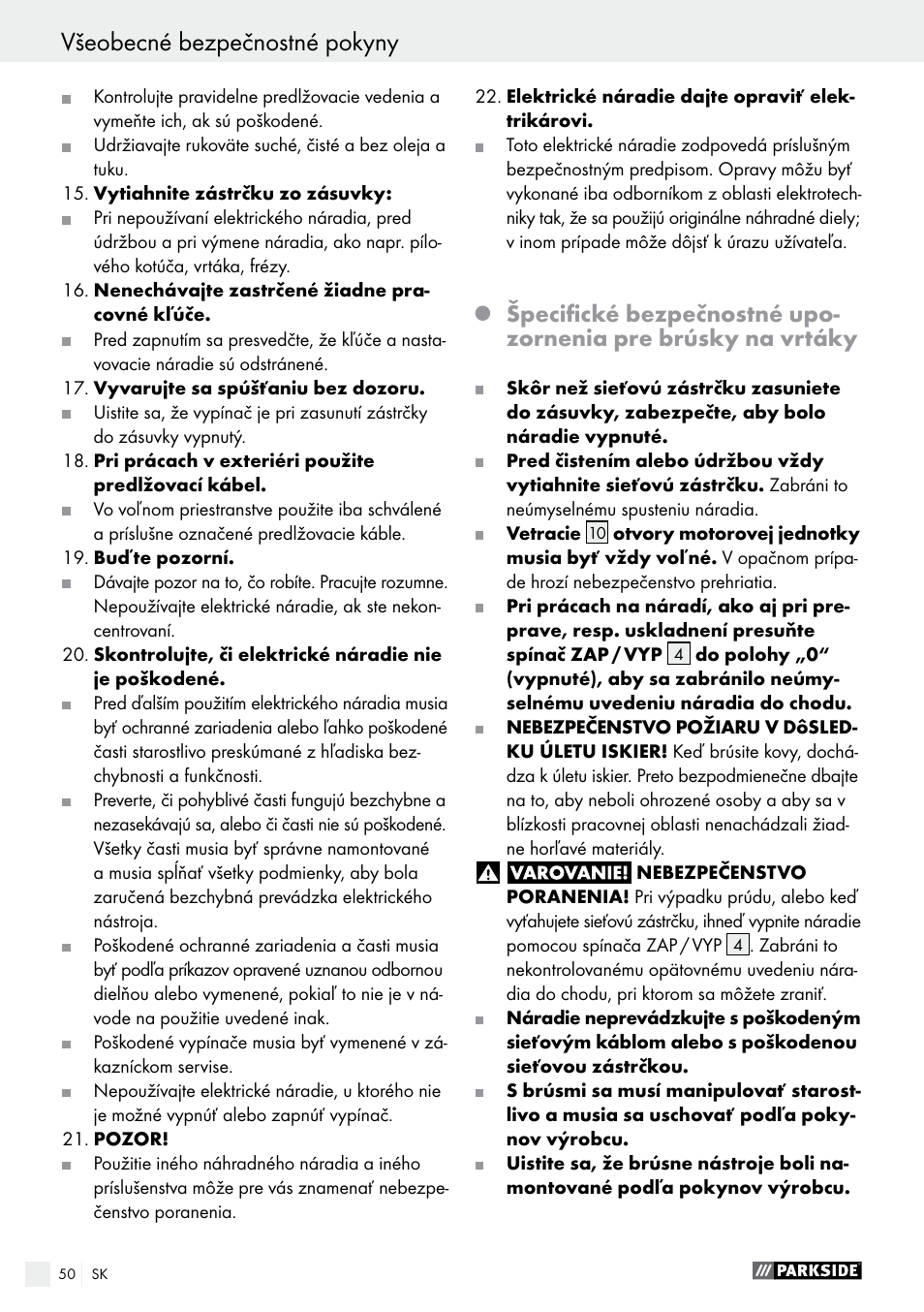 Všeobecné bezpečnostné pokyny | Parkside PBSG 95 B1 User Manual | Page 50 / 63