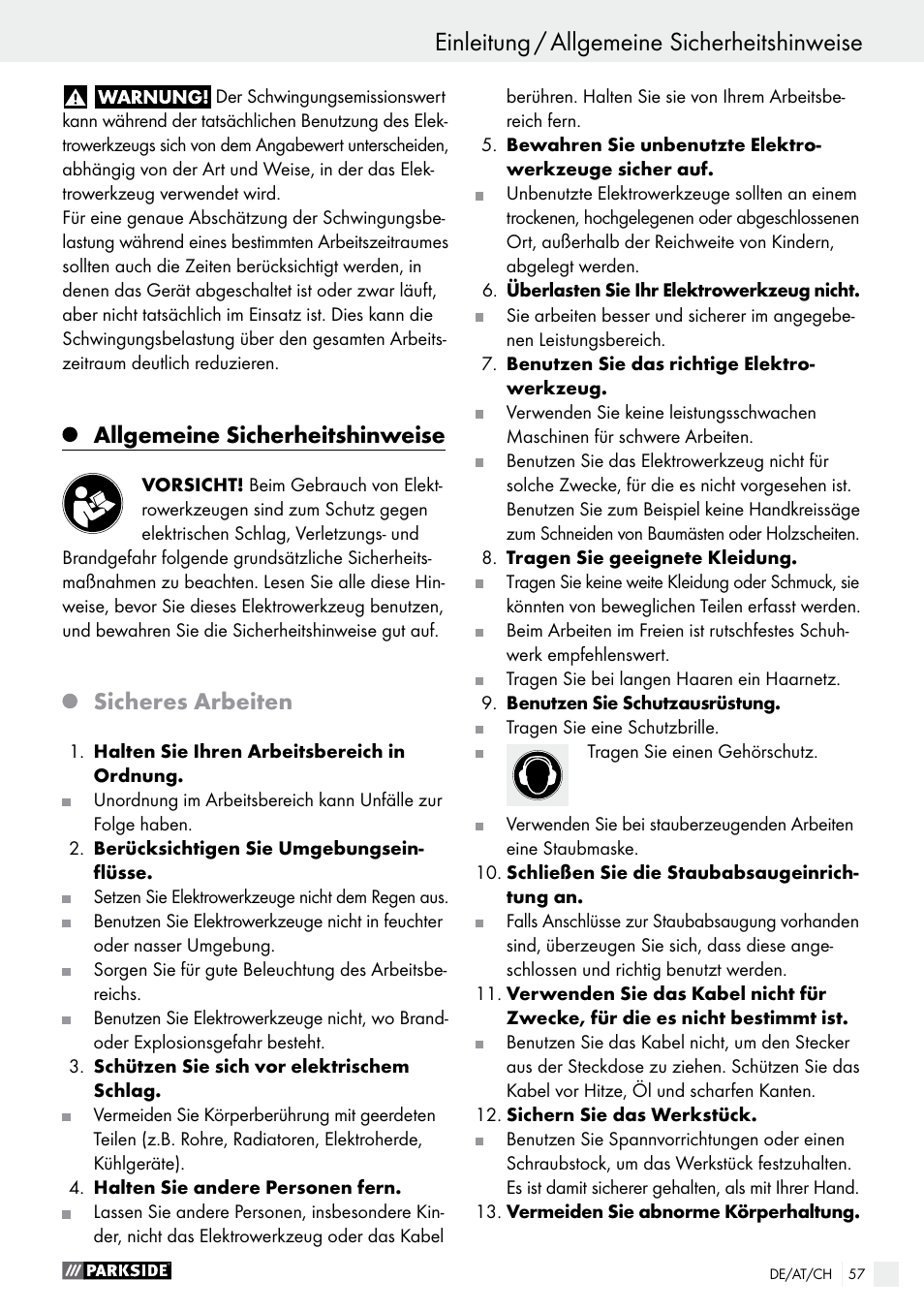 Allgemeine sicherheitshinweise, Sicheres arbeiten | Parkside PBSG 95 B1 User Manual | Page 57 / 63