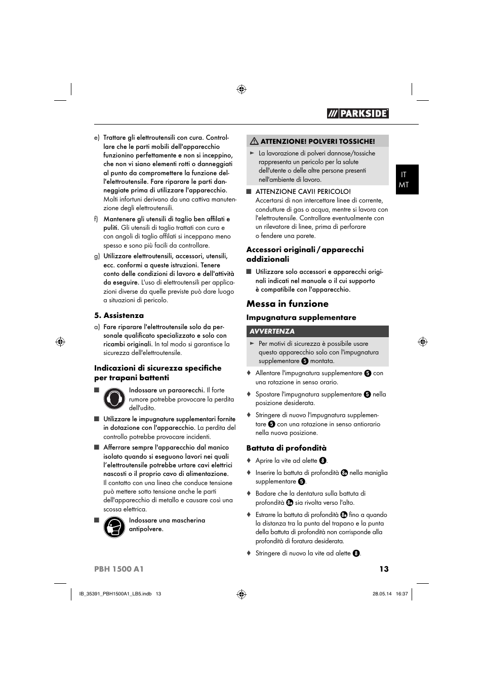 Messa in funzione | Parkside PBH 1500 A1 User Manual | Page 16 / 36