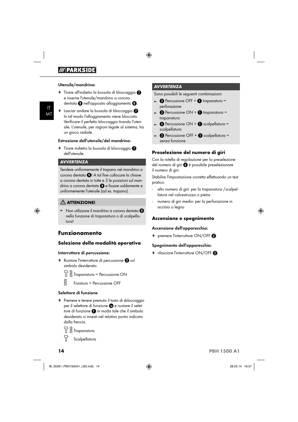Funzionamento | Parkside PBH 1500 A1 User Manual | Page 17 / 36