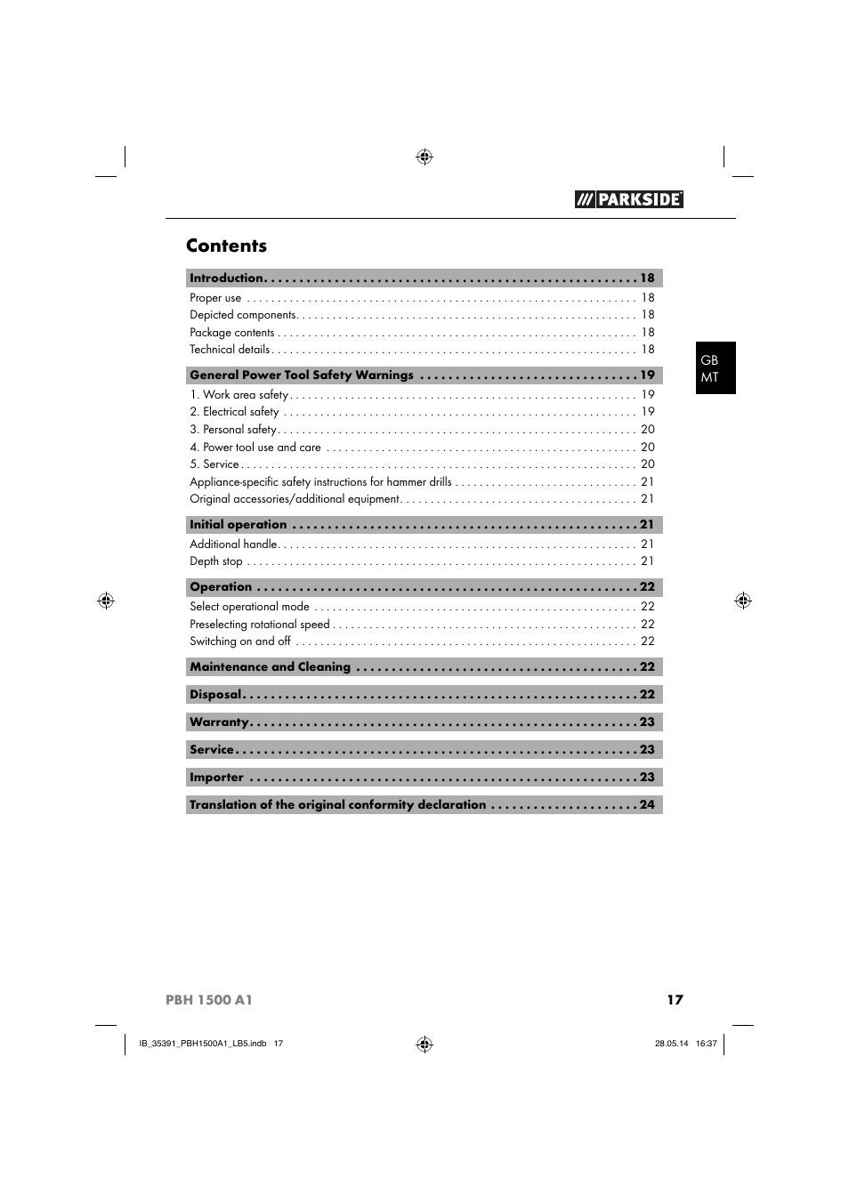 Parkside PBH 1500 A1 User Manual | Page 20 / 36