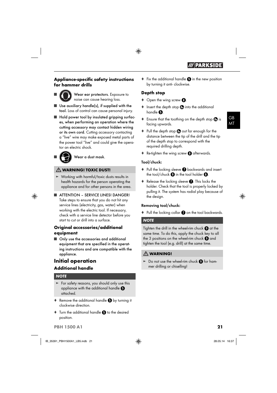 Initial operation | Parkside PBH 1500 A1 User Manual | Page 24 / 36