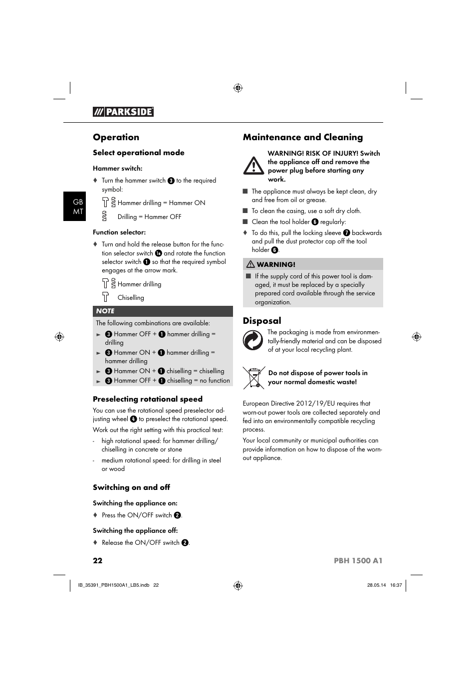 Operation, Maintenance and cleaning, Disposal | Parkside PBH 1500 A1 User Manual | Page 25 / 36