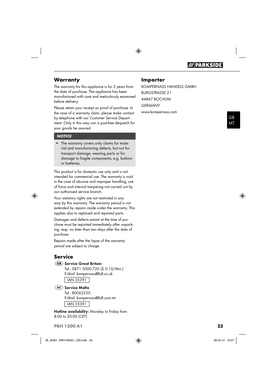 Warranty, Service, Importer | Parkside PBH 1500 A1 User Manual | Page 26 / 36