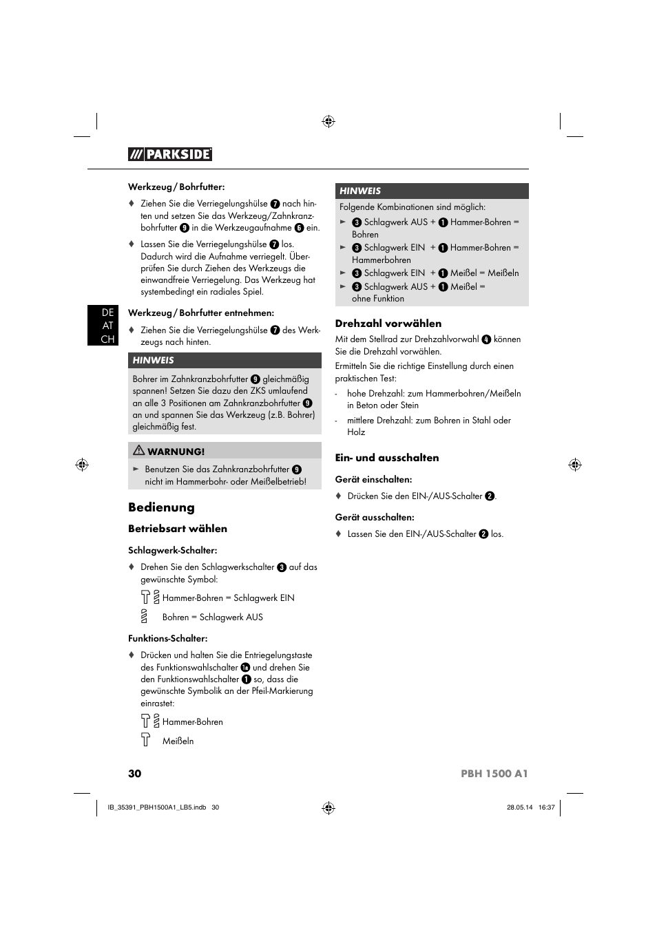 Bedienung | Parkside PBH 1500 A1 User Manual | Page 33 / 36