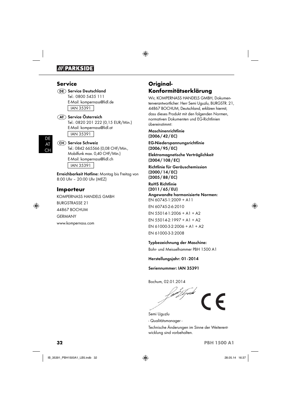 Service, Importeur, Original- konformitätserklärung | Parkside PBH 1500 A1 User Manual | Page 35 / 36