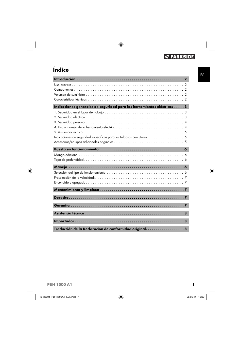 Índice | Parkside PBH 1500 A1 User Manual | Page 4 / 36