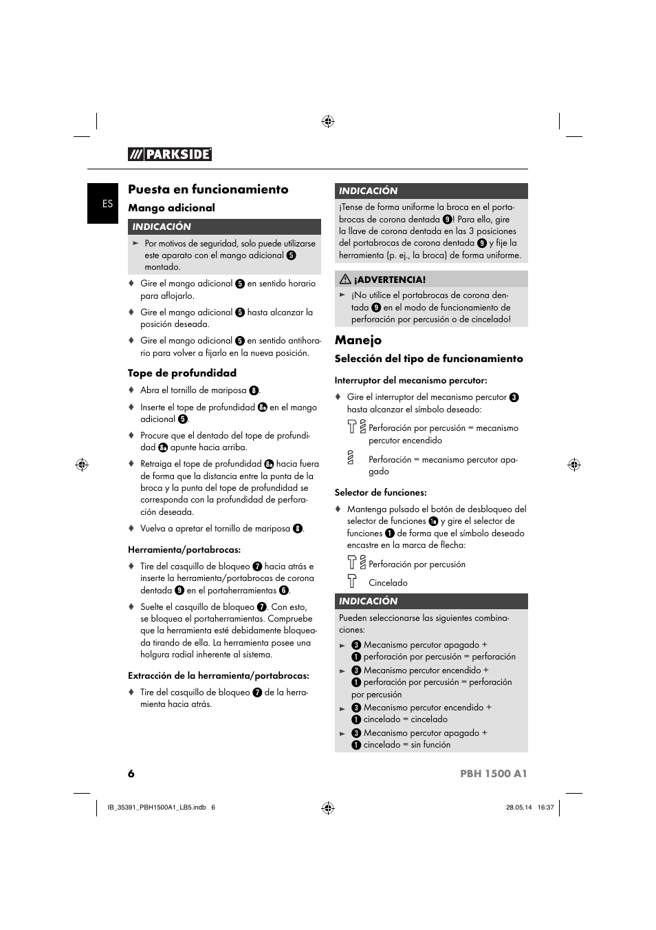 Puesta en funcionamiento, Manejo | Parkside PBH 1500 A1 User Manual | Page 9 / 36