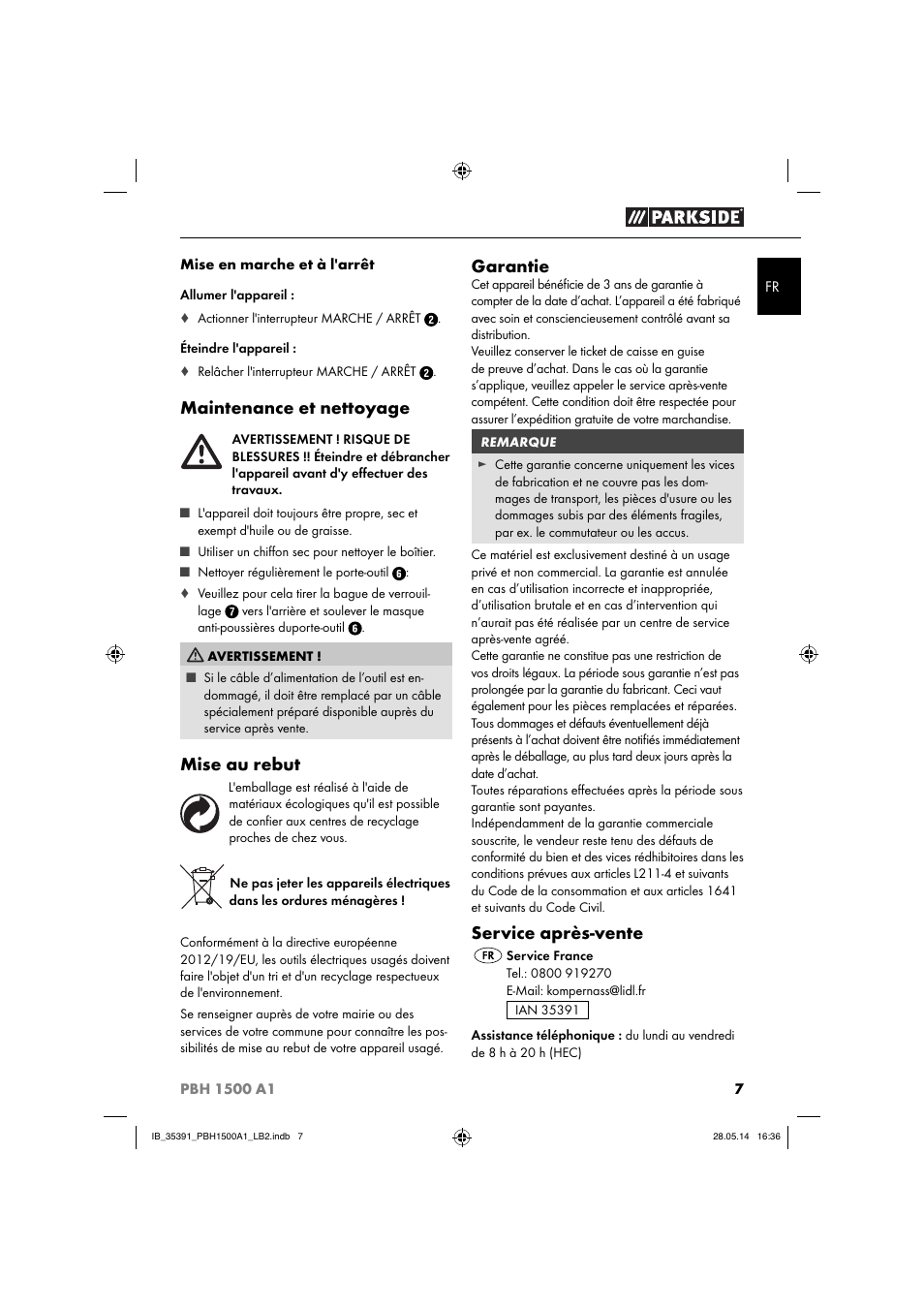 Maintenance et nettoyage, Mise au rebut, Garantie | Service après-vente | Parkside PBH 1500 A1 User Manual | Page 10 / 28