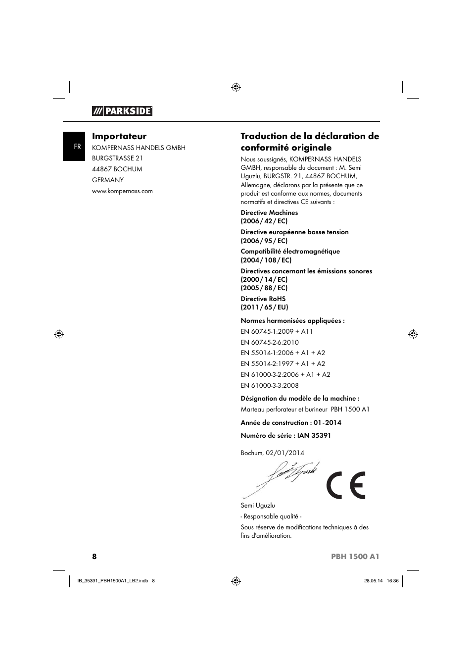 Importateur | Parkside PBH 1500 A1 User Manual | Page 11 / 28