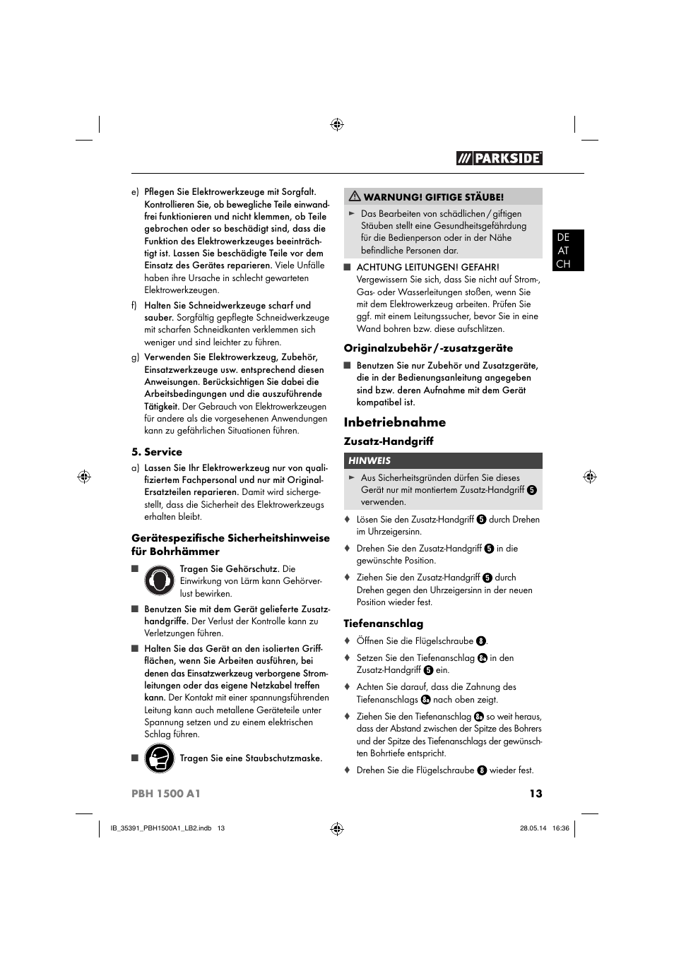 Inbetriebnahme | Parkside PBH 1500 A1 User Manual | Page 16 / 28