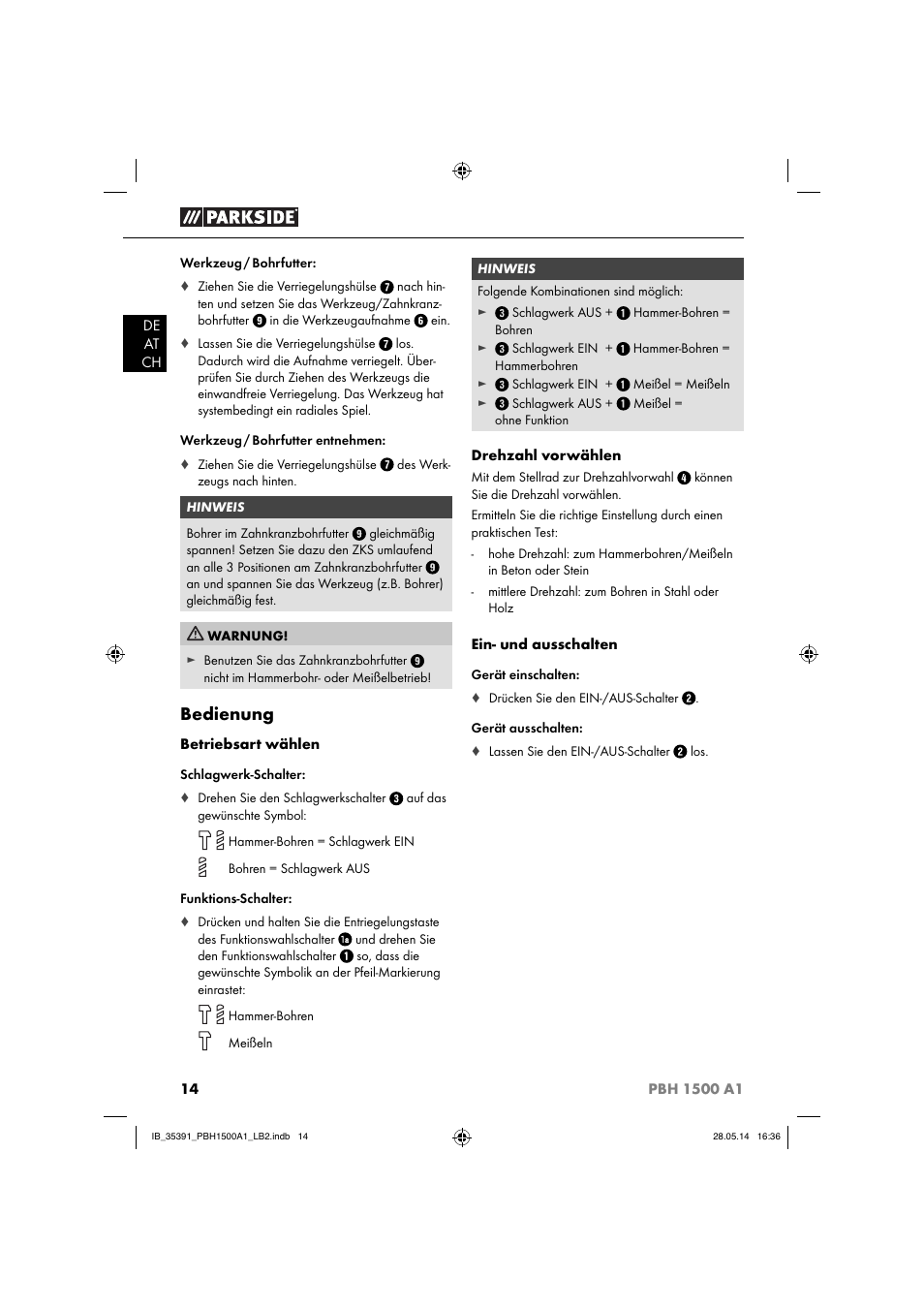 Bedienung | Parkside PBH 1500 A1 User Manual | Page 17 / 28