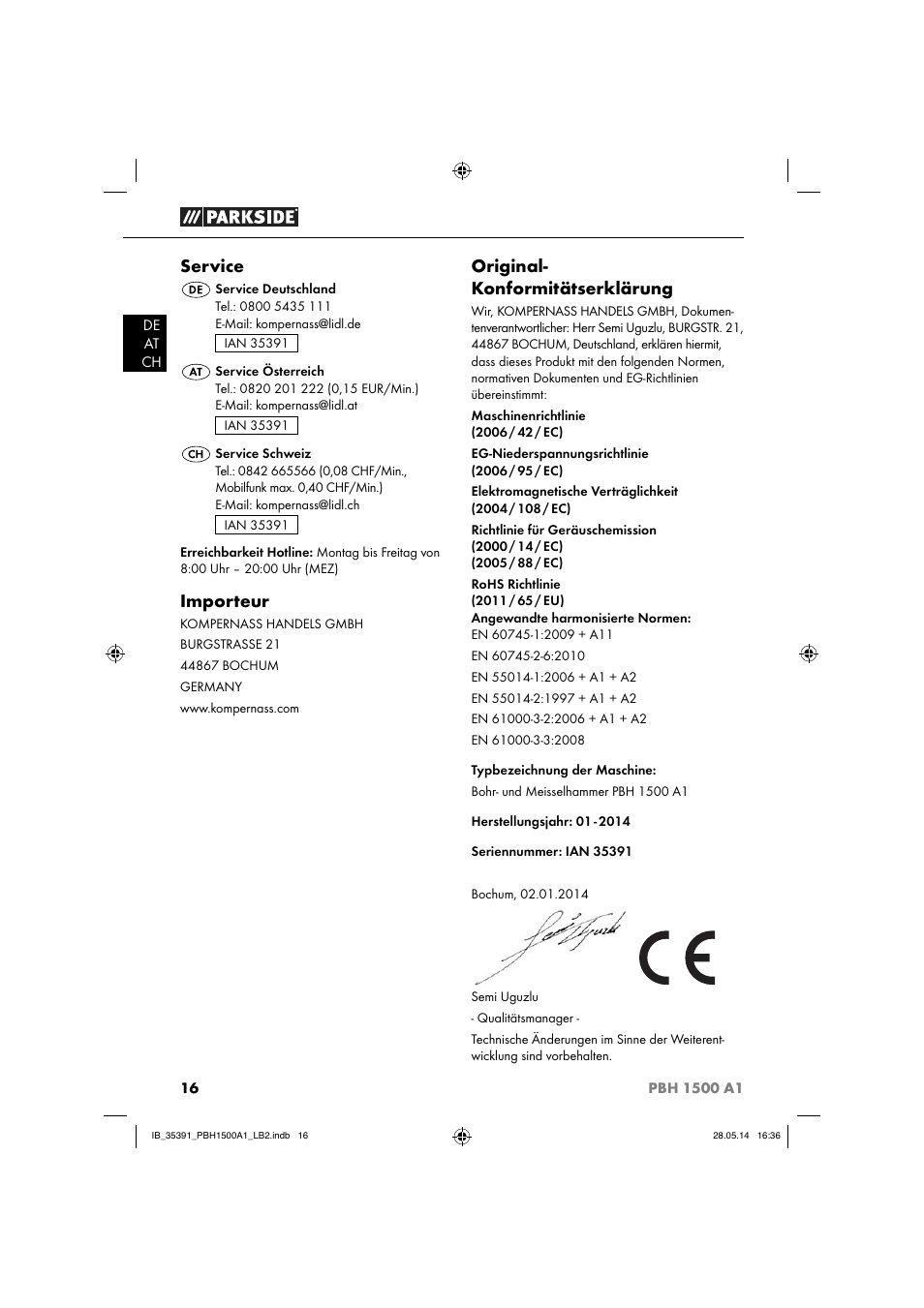 Service, Importeur, Original- konformitätserklärung | Parkside PBH 1500 A1 User Manual | Page 19 / 28