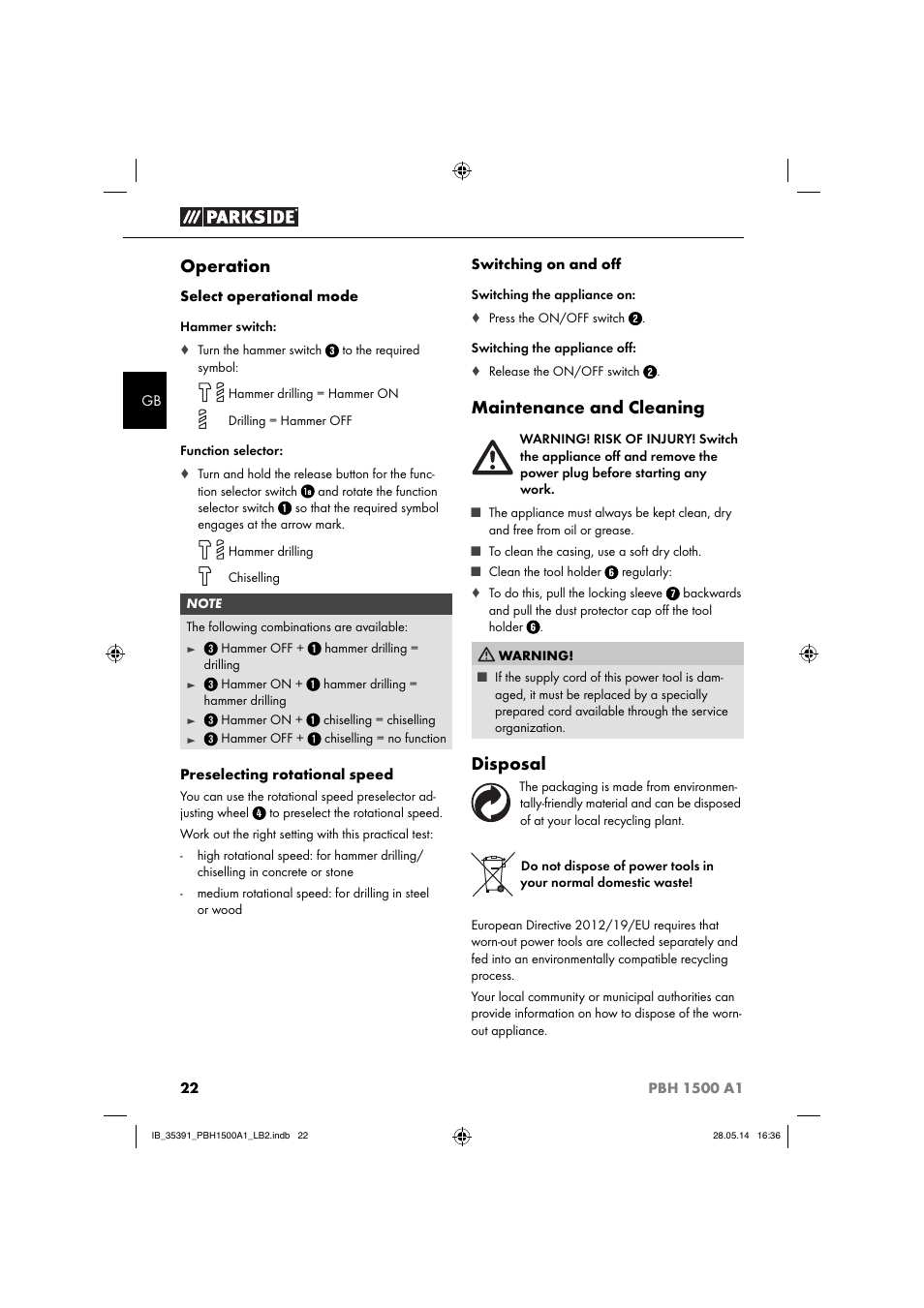 Operation, Maintenance and cleaning, Disposal | Parkside PBH 1500 A1 User Manual | Page 25 / 28