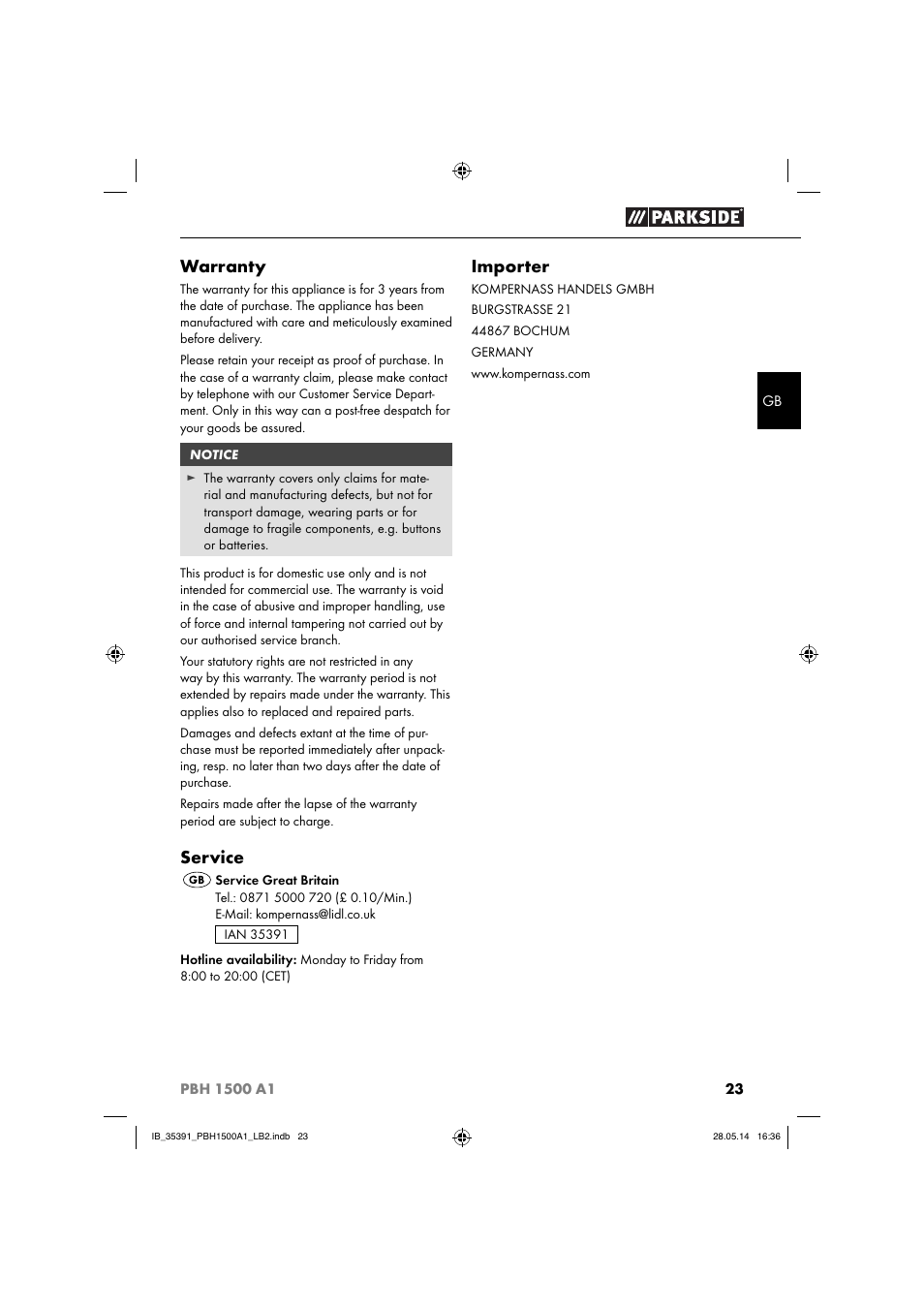 Warranty, Service, Importer | Parkside PBH 1500 A1 User Manual | Page 26 / 28