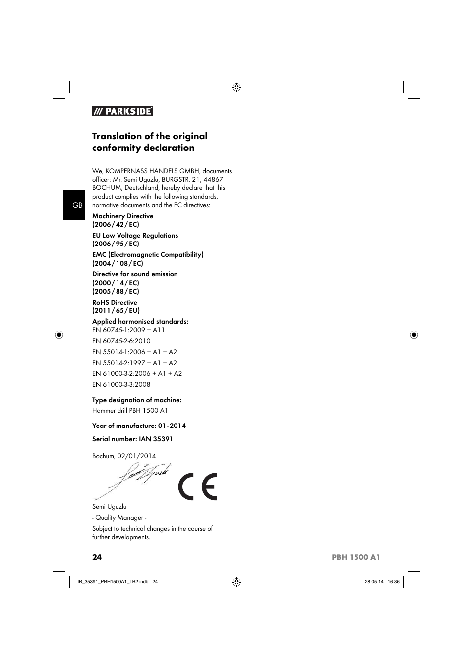 Translation of the original conformity declaration | Parkside PBH 1500 A1 User Manual | Page 27 / 28