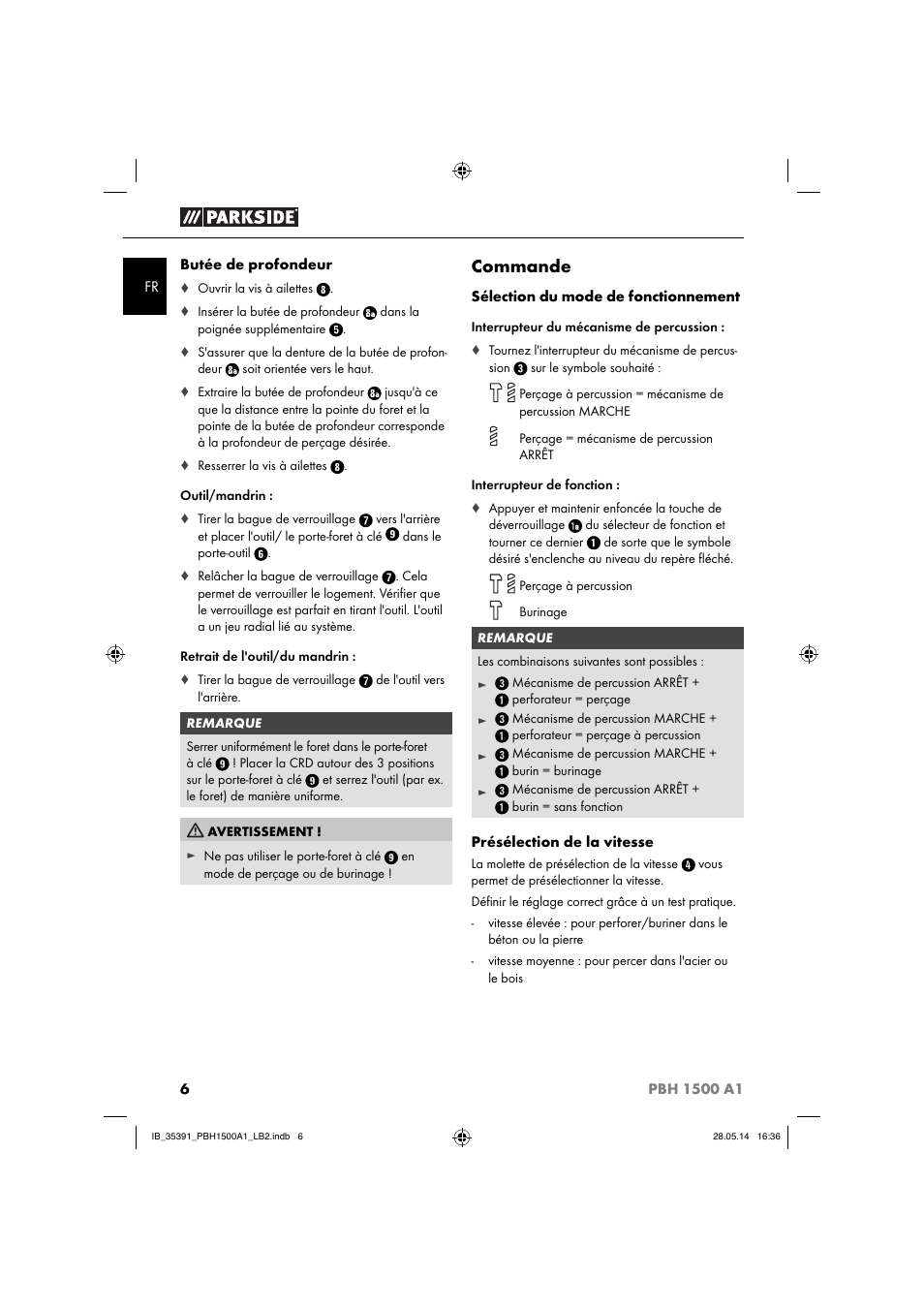 Commande | Parkside PBH 1500 A1 User Manual | Page 9 / 28