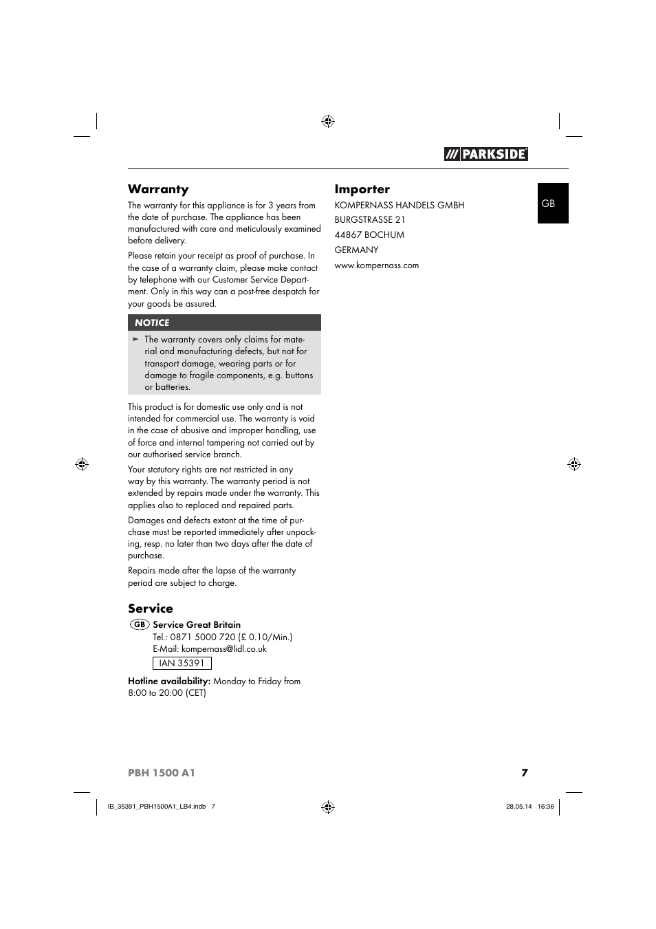 Warranty, Service, Importer | Parkside PBH 1500 A1 User Manual | Page 10 / 60