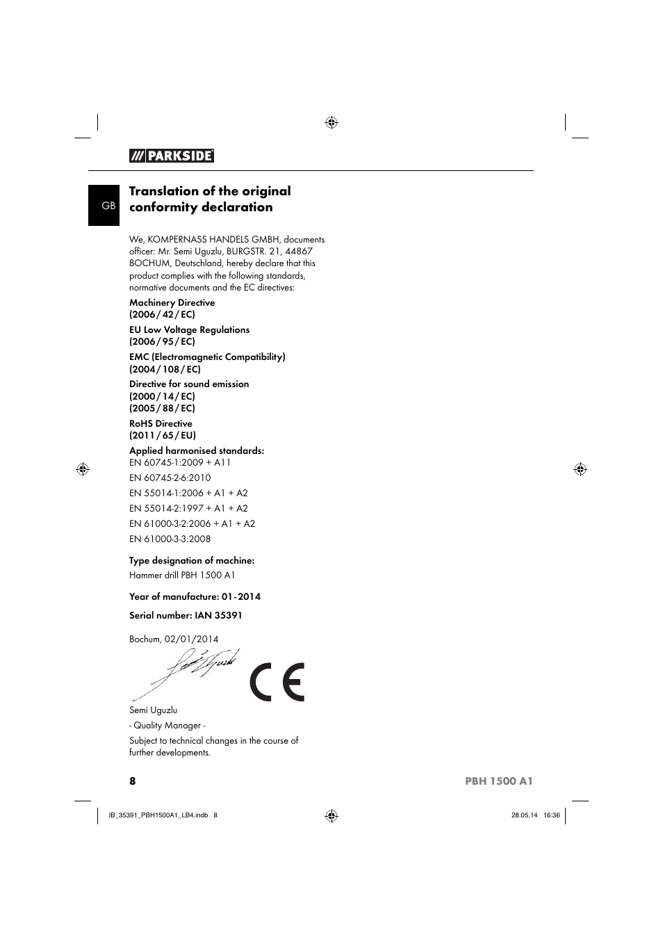 Translation of the original conformity declaration | Parkside PBH 1500 A1 User Manual | Page 11 / 60