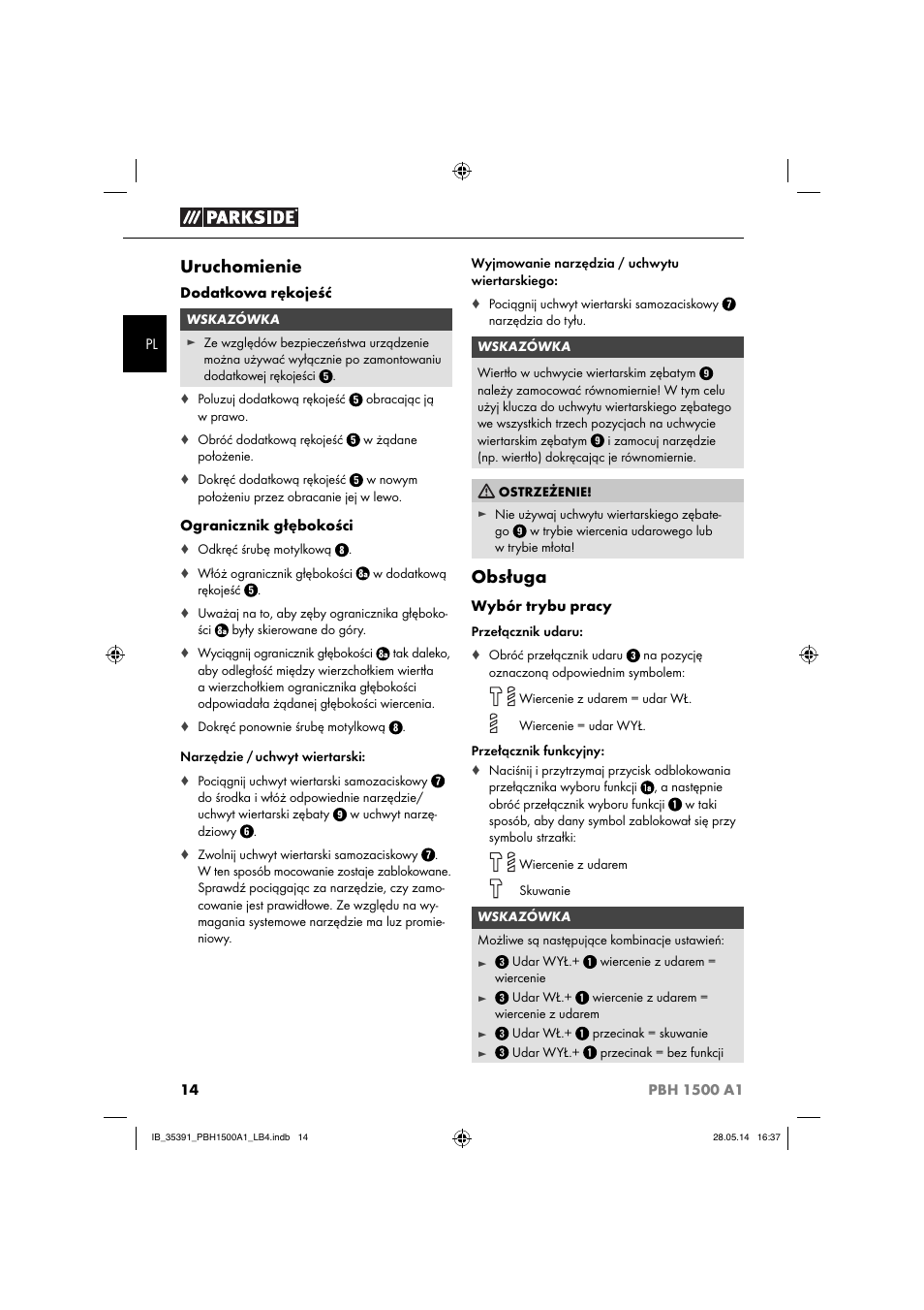 Uruchomienie, Obsługa | Parkside PBH 1500 A1 User Manual | Page 17 / 60