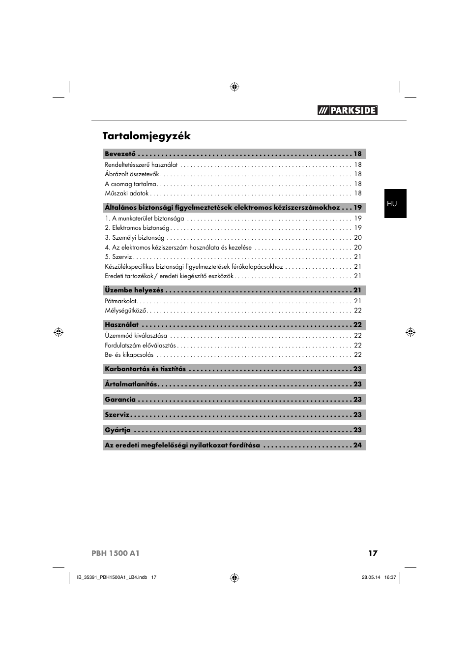 Tartalomjegyzék | Parkside PBH 1500 A1 User Manual | Page 20 / 60