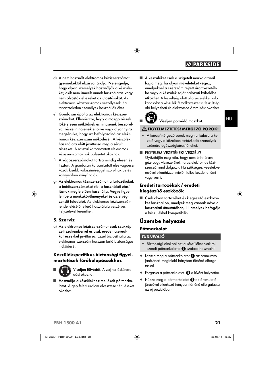 Üzembe helyezés | Parkside PBH 1500 A1 User Manual | Page 24 / 60