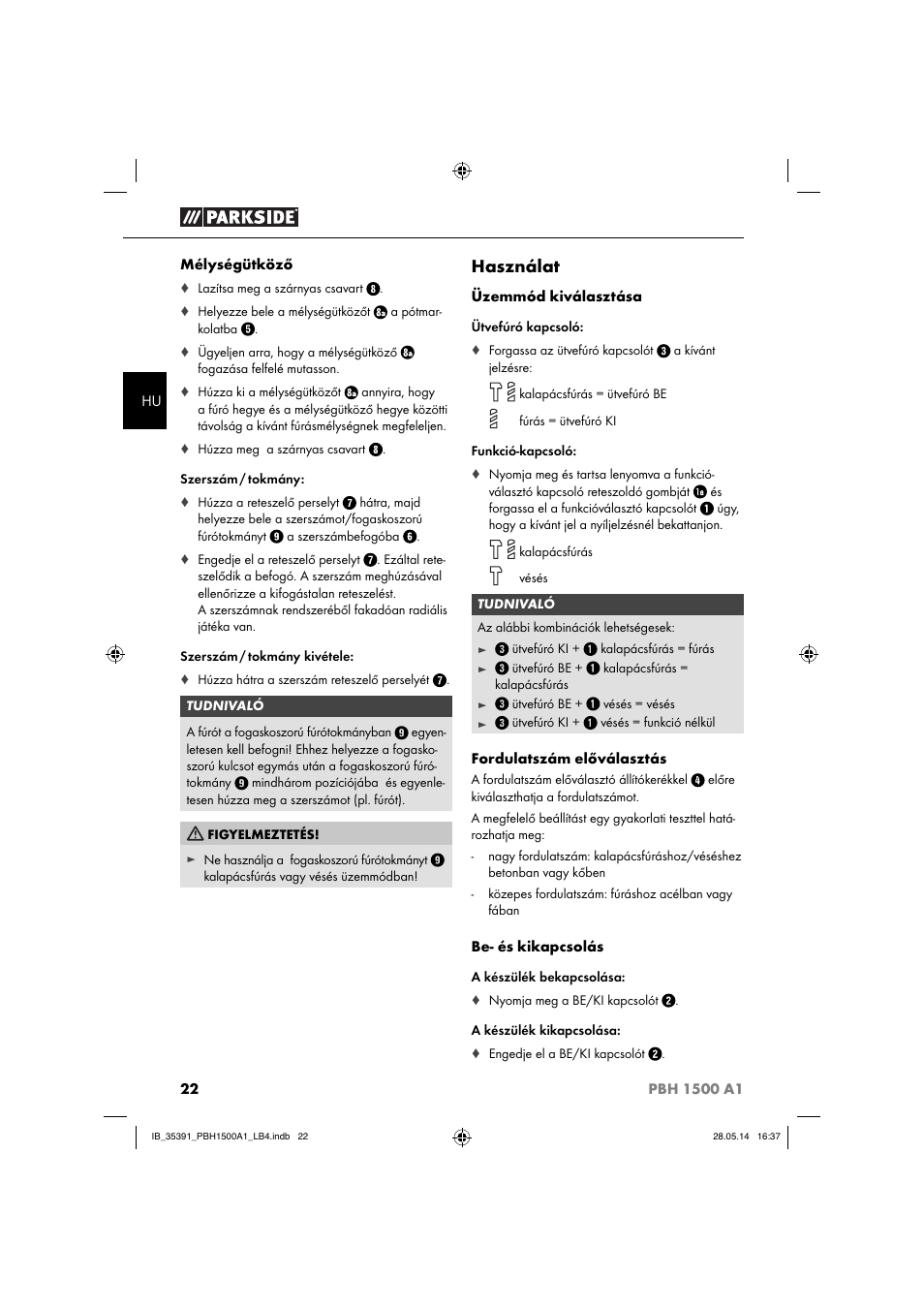 Használat | Parkside PBH 1500 A1 User Manual | Page 25 / 60