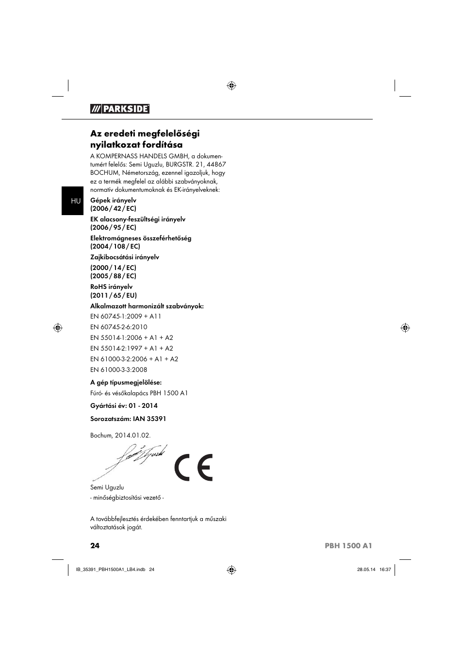 Az eredeti megfelelőségi nyilatkozat fordítása | Parkside PBH 1500 A1 User Manual | Page 27 / 60