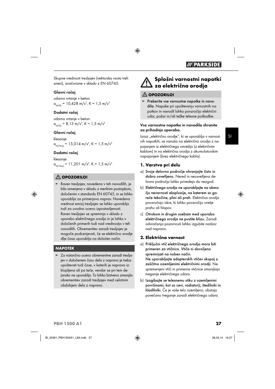 Splošni varnostni napotki za električna orodja | Parkside PBH 1500 A1 User Manual | Page 30 / 60