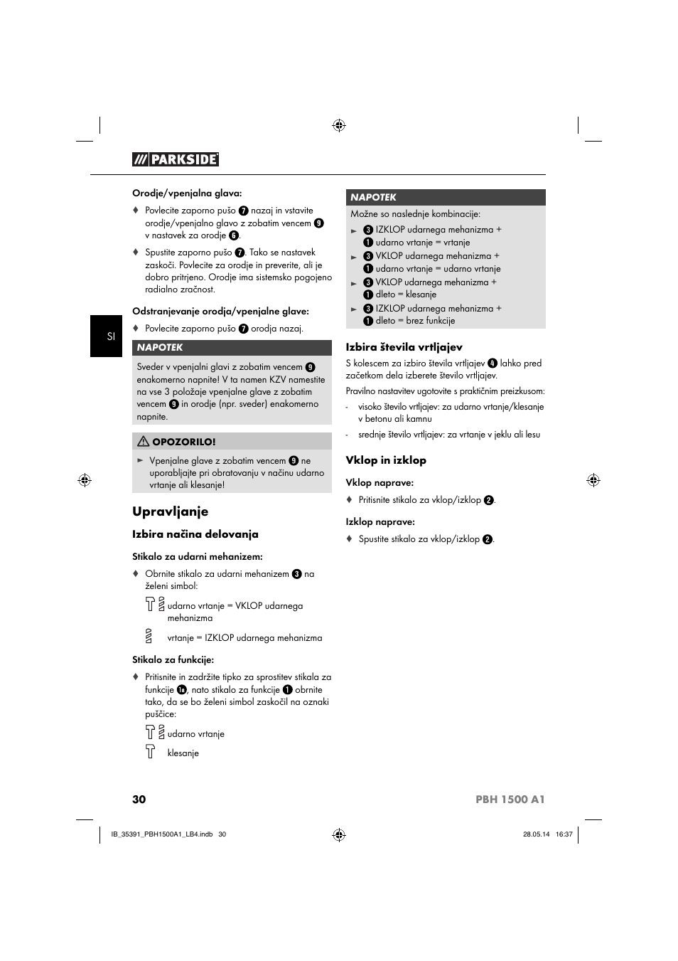 Upravljanje | Parkside PBH 1500 A1 User Manual | Page 33 / 60