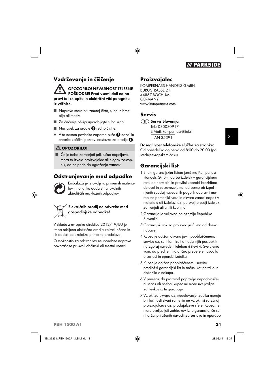 Vzdrževanje in čiščenje, Odstranjevanje med odpadke, Proizvajalec | Servis, Garancijski list | Parkside PBH 1500 A1 User Manual | Page 34 / 60