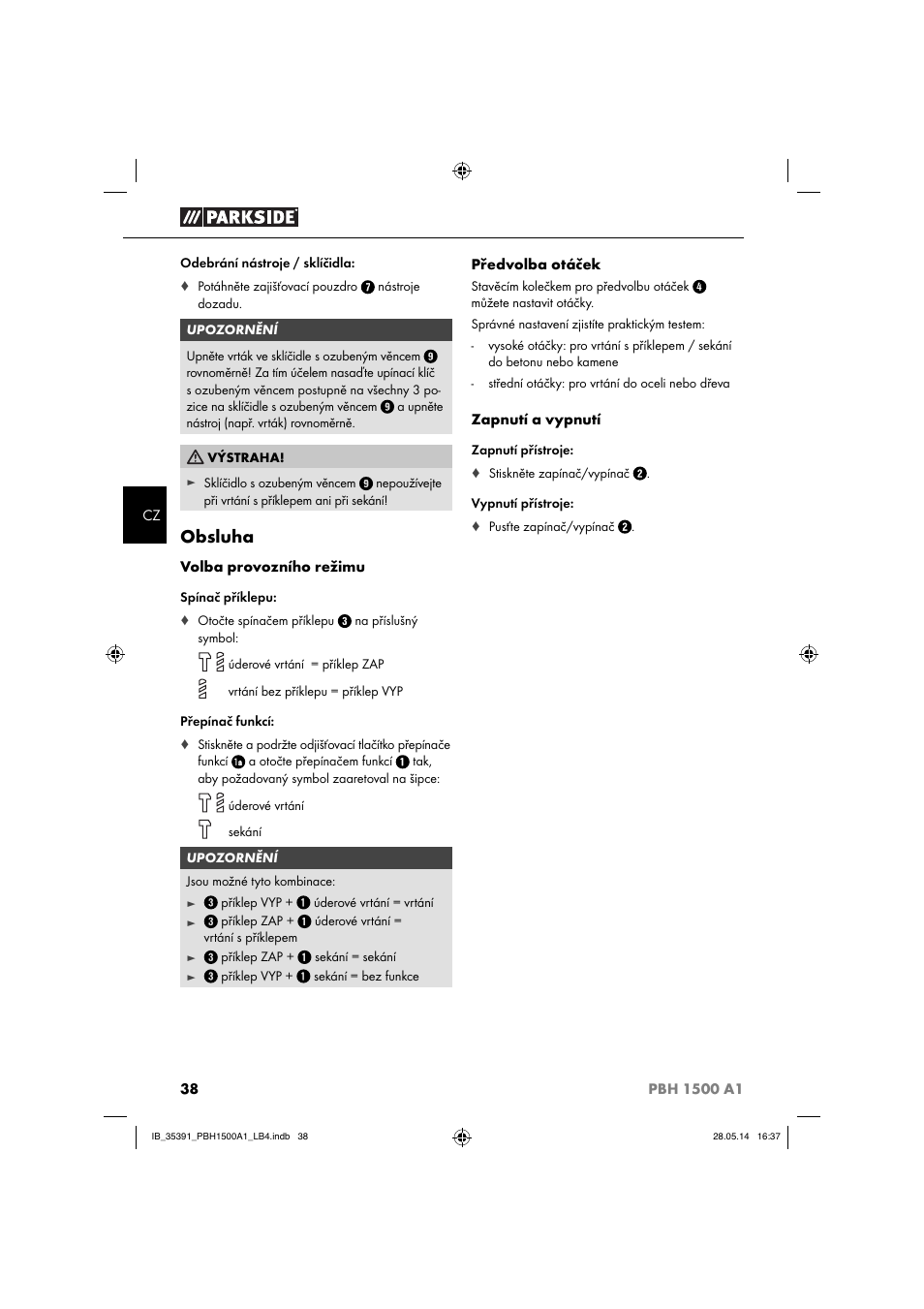 Obsluha | Parkside PBH 1500 A1 User Manual | Page 41 / 60