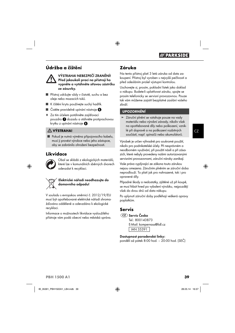 Údržba a čištění, Likvidace, Záruka | Servis | Parkside PBH 1500 A1 User Manual | Page 42 / 60