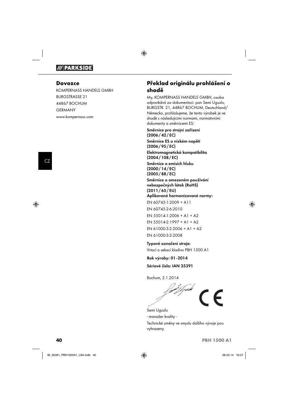 Dovozce, Překlad originálu prohlášení o shodě | Parkside PBH 1500 A1 User Manual | Page 43 / 60