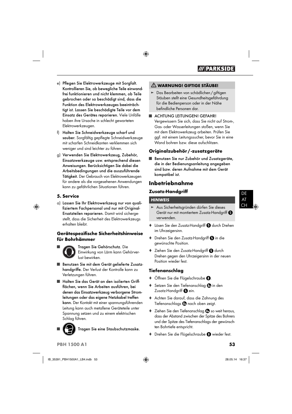 Inbetriebnahme | Parkside PBH 1500 A1 User Manual | Page 56 / 60