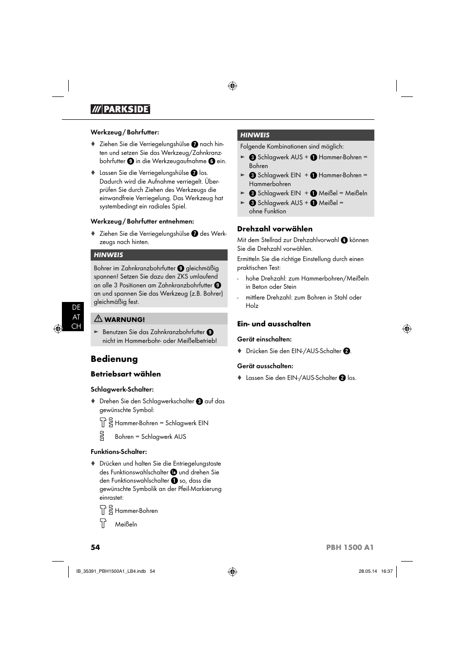 Bedienung | Parkside PBH 1500 A1 User Manual | Page 57 / 60
