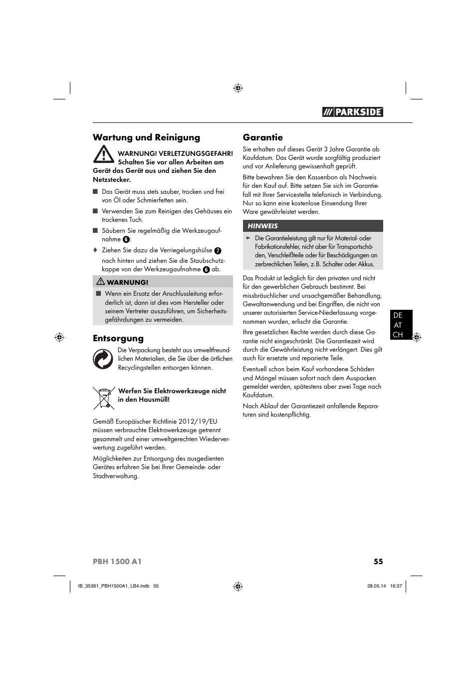 Wartung und reinigung, Entsorgung, Garantie | Parkside PBH 1500 A1 User Manual | Page 58 / 60