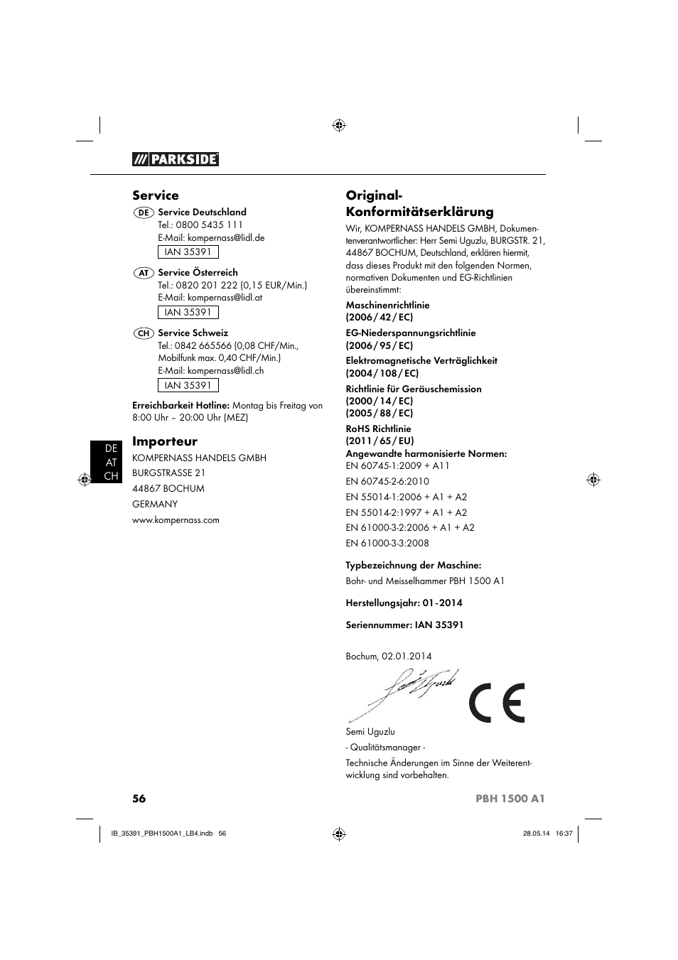 Service, Importeur, Original- konformitätserklärung | Parkside PBH 1500 A1 User Manual | Page 59 / 60