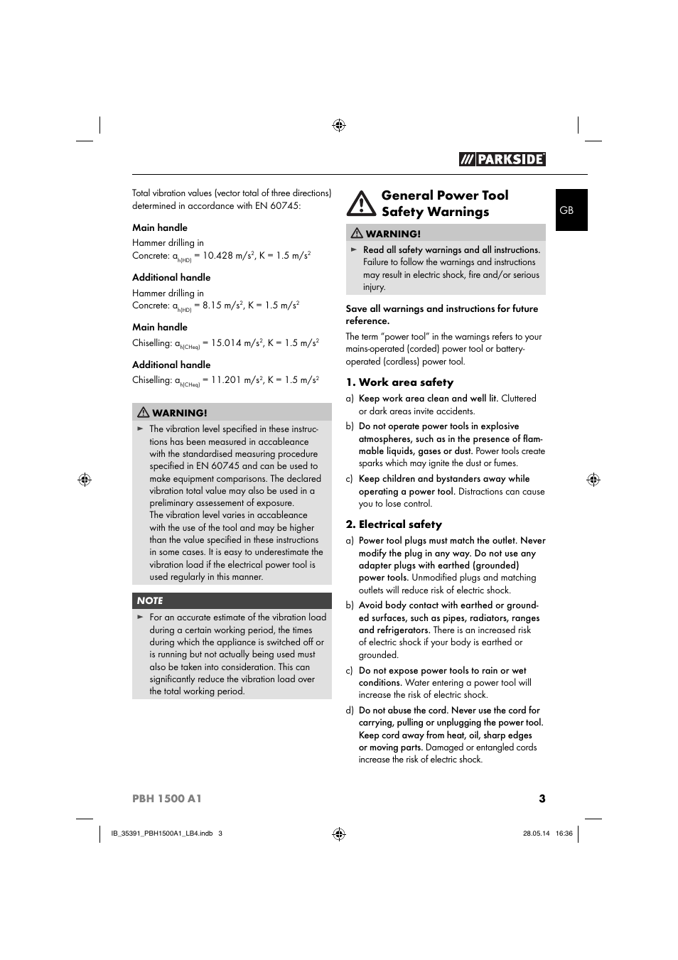 General power tool safety warnings | Parkside PBH 1500 A1 User Manual | Page 6 / 60