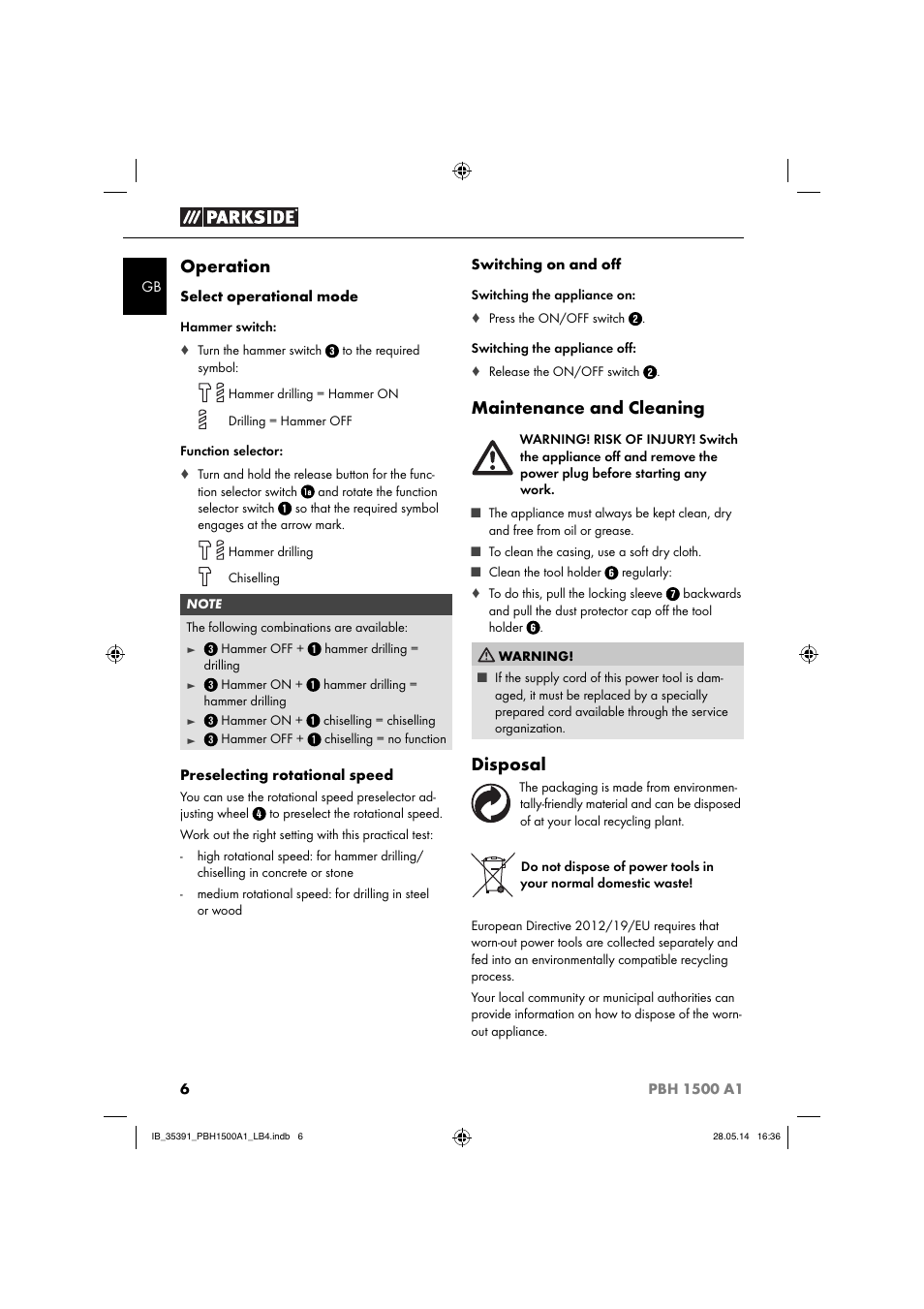 Operation, Maintenance and cleaning, Disposal | Parkside PBH 1500 A1 User Manual | Page 9 / 60