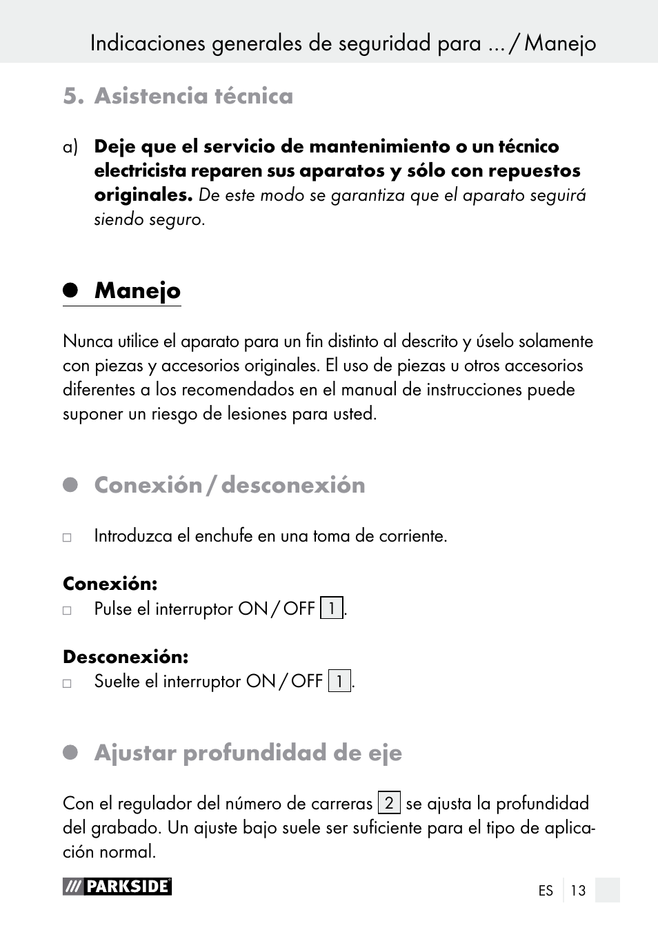 Manejo, Conexión / desconexión, Ajustar profundidad de eje | Parkside PGG 15 B1 User Manual | Page 13 / 83