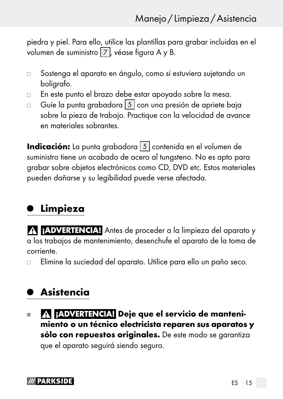 Manejo / limpieza / asistencia, Limpieza, Asistencia | Manejo | Parkside PGG 15 B1 User Manual | Page 15 / 83